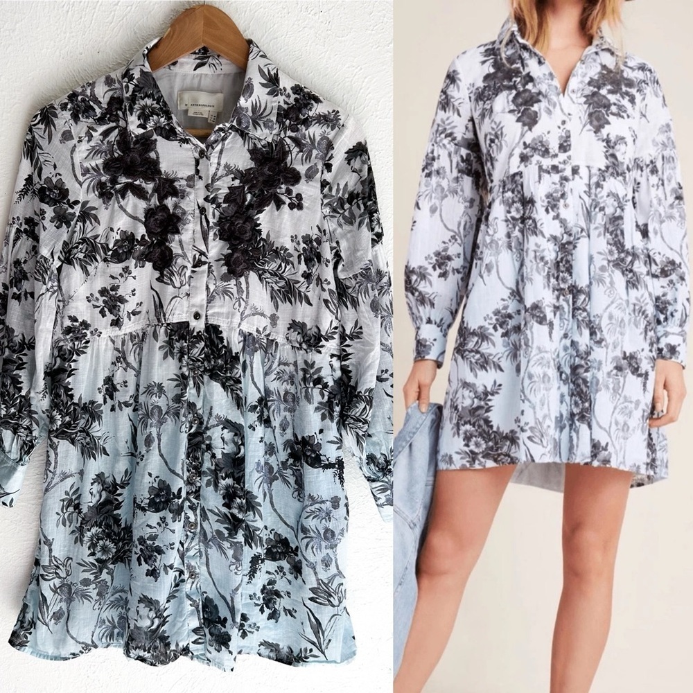 Anthropologie Lavinia Embroidered Floral Mini Dress Cotton 2P